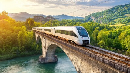 Poster - Electric train traveling over a scenic bridge above a river, with surrounding natural landscape blending seamlessly with the train's futuristic design