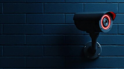 Poster - Modern Security Camera with Red Indicator Light on a Dark Brick Wall Background for Surveillance and Safety Concepts 4k video footage