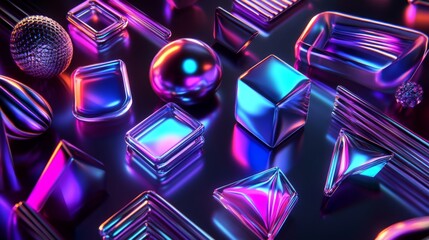 Aufkleber - Futuristic D geometric shapes in neon colors over a dark gradient background, with reflective surfaces and depth for a high-tech look