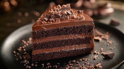 Poster - Gourmet chocolate cake with layers of ganache, topped with glossy chocolate glaze and decorative shavings, rich and elegant.