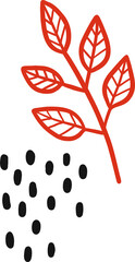 Poster - Flat design red branch is showing six leaves and scattered black ovals on transparent backdrop