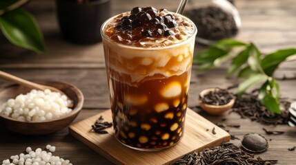Poster - Iced milk tea with boba in a transparent cup, surrounded by ingredients like tea leaves and tapioca pearls, highlighting the drink's origins and flavors.