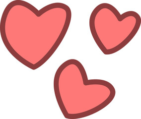 Poster - Three hand-drawn coral pink hearts are floating diagonally on transparent background in flat design