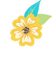 Poster - Flat yellow flower is floating on transparent background cream insets navy dots leaves white star
