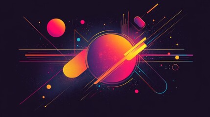 Poster - Neon-colored vector graphics with abstract shapes and lines on a black background, creating a modern digital art effect