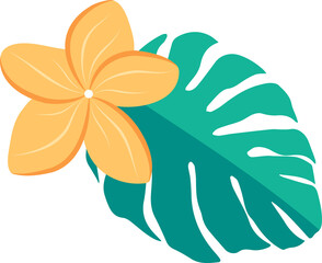 Poster - Yellow flower and teal-green monstera leaf are floating in flat design on transparent background