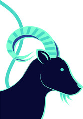 Poster - Using flat vector goat with turquoise-accented navy silhouette, spiral horn on transparent backdrop