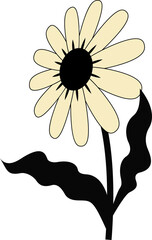 Poster - Featuring vector flower with yellow petals, black center, stem with wavy leaves on clear background