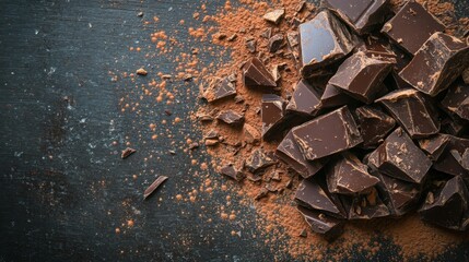 Poster - Rustic chocolate chunks and shavings scattered on a dark wooden board with cocoa powder, rich, textured, and artisanal.