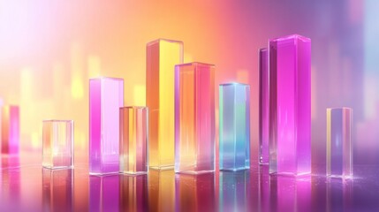 Fototapete - Vibrant D bar chart with transparent elements layered on top of each other, set against a soft gradient background, creating an artistic representation of data.