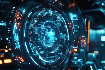 Poster - Futuristic technology interface showcasing advanced holographic displays and intricate data patterns, sci fi futuristic advanced technology background, animated hud screen