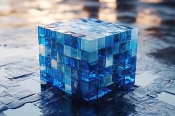 Poster - Blue cubic blocks arranged in a structured design on a reflective surface during golden hour, Blue cubic blocks