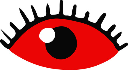 Poster - Displaying flat eye icon with red oval black pupil white highlight lashes on transparent background