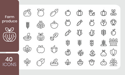 Poster - Collection of minimalistic farm produce icons representing various fruits vegetables and grains for design