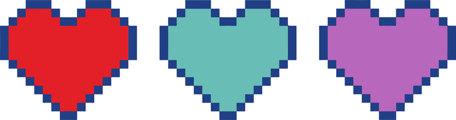 Aufkleber - Showing three pixel art hearts in red teal lavender with dark blue border on transparent background