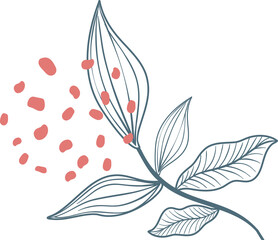 Poster - Stylized branch is arching, showing leaves and floating coral ovals on transparent background