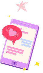 Poster - Flat design purple phone is showing chat bubbles with winged heart icon on transparent background