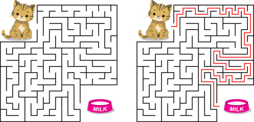 Help cat pass through maze to find a bowl with milk. Feed the hungry kitten labyrinth. Not hard logic game for kids and parents with solution isolated on white background.