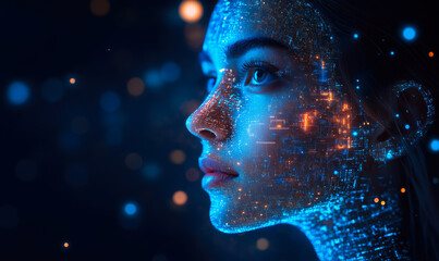 Poster - Digital artificial intelligence woman profile with glowing data points and futuristic technology overlay in deep blue color scheme