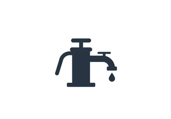 Poster - A simple dark blue vector drawing of a faucet with a handle and a single water drop falling down