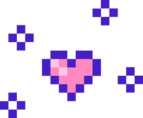 Poster - 8-bit pixel art heart icon is floating with purple sparkles on transparent background, copy space