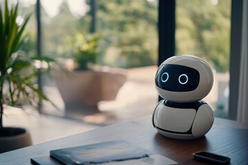 Poster - Powerful AI assistant ready to assist in a modern workspace with natural light, The powerful AI assistant is here to help you with all your tasks