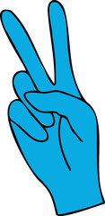 Poster - Flat vector blue hand with thick black outlines is showing peace sign on transparent background