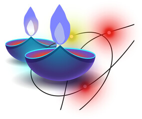 Poster - Flat design showing 2 gradient diyas with violet flames and glowing orbs on transparent background