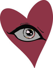 Poster - Single human-like eye is glowing inside maroon heart shape in flat design, transparent background