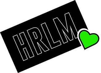 Aufkleber - Flat logo showing tilted black block with HRLM letters and green heart on transparent backdrop