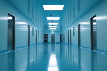 Poster - Cleanroom corridor in semiconductor production facility with blue walls and high ceilings for technology processes, Semiconductor production fab cleanroom, where technology meets precision