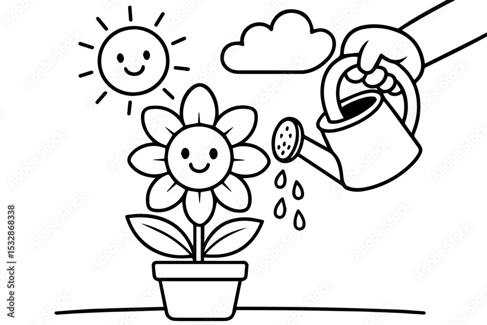 Smiling cartoon flower in pot watered by child’s hand coloring page