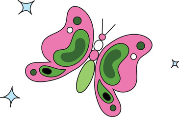 Poster - Decorative butterfly is flying in flat design with pink wings and sparkles, transparent background