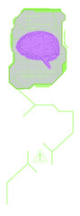 Poster - 3D-stylized brain is floating in neon-green frame with code, warning icon on transparent background