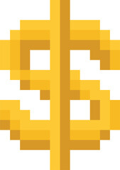 Poster - Gold blocky pixel-art US dollar symbol floating on transparent background, featuring simple shading