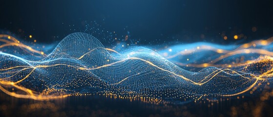Fototapete - Abstract digital landscape with glowing particles and wireframe structure