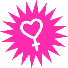 Poster - Flat magenta starburst is radiating around heart-shaped Venus symbol on transparent background
