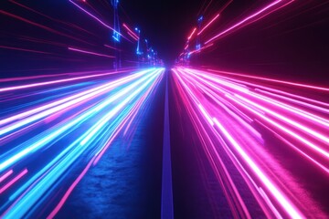Poster - Neon light trails create dynamic horizontal movement in a dark urban setting, Realistic neon lines speeding, horizontal light movement effect