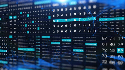 Poster - HUD Futuristic Digital Data Number Code Animation Perspective View With Low Poly illustration. Abstract Binary Decimal Number Monitor Display.