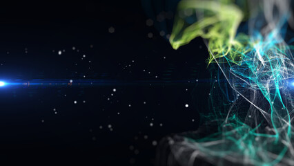 Poster - Abstract digital energy wave flowing in the cosmic space with blue lens flare illustration on black background