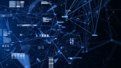 Poster - Futuristic Technology Background Design. Plexus Digital Blue Color Dots, Line, Triangle, Binary Number Data Flowing Connection Structure on HUD System. Abstract 3D Illustration.