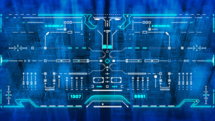 Poster - Technology HUD Screen Visual Data Tracker Aerial View Fly Through Over Blue Digital Building Processing System illustration
