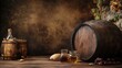 © Juan - Wooden barrel and glass of whiskey with rustic background vintage alcohol drink cellar concept