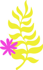 Poster - Abstract flat design showing neon yellow fern branch and magenta bloom on transparent background