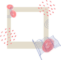 Poster - Floating frame with pink watercolor blobs, blue line art, stylized US flag on transparent backdrop