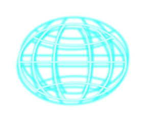 Poster - Stylized wireframe globe is glowing in 3D render with turquoise grid lines on transparent backdrop