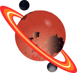 Wall Mural - Ringed red planet rotating in flat design, orbiting with two grey moons and transparent background