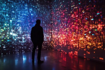 Poster - Digital data stream reflects vibrant colors in interactive art installation featuring silhouette of a viewer, digital data stream able
