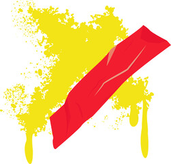 Poster - Abstract graphic showing yellow splatter, floating red ribbon on transparent background, copy space