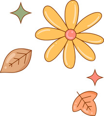 Poster - Stylized yellow daisy is floating in flat art with leaves and sparkles, transparent background